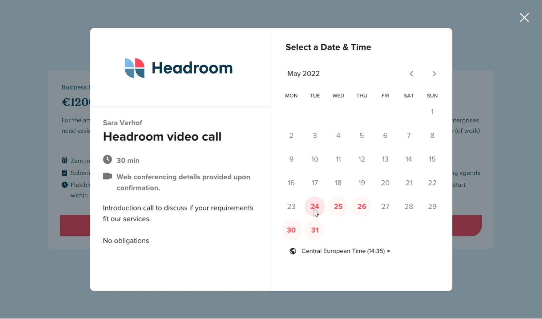 Headroom scheduling tool showing a calendar to book a video call