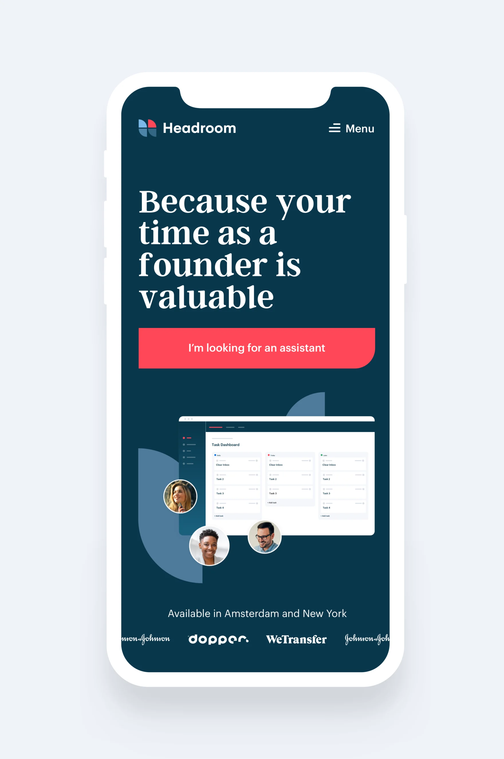 Headroom mobile homepage design on a smartphone, aimed at busy founders