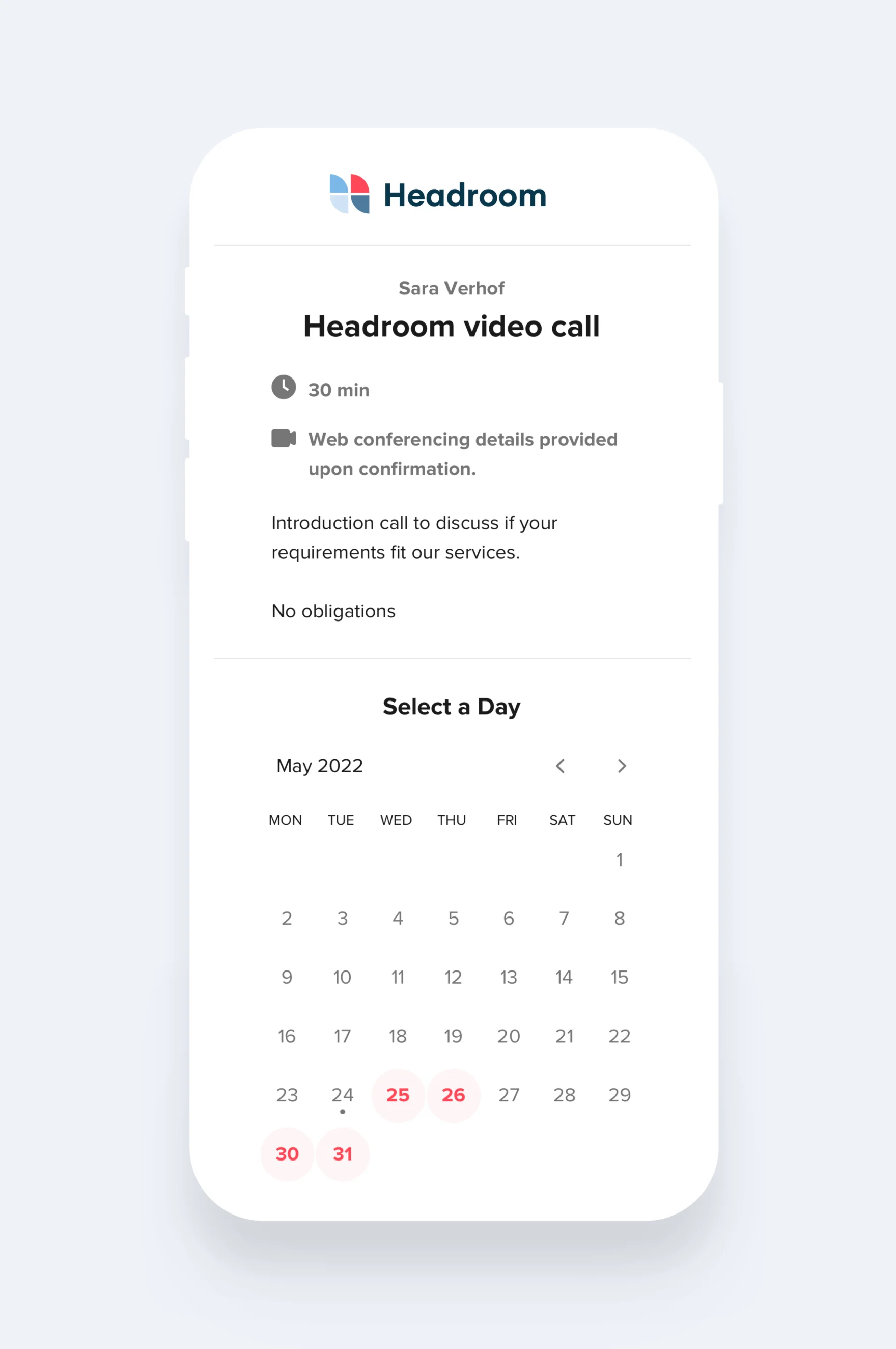 Headroom video call booking calendar shown on a mobile screen