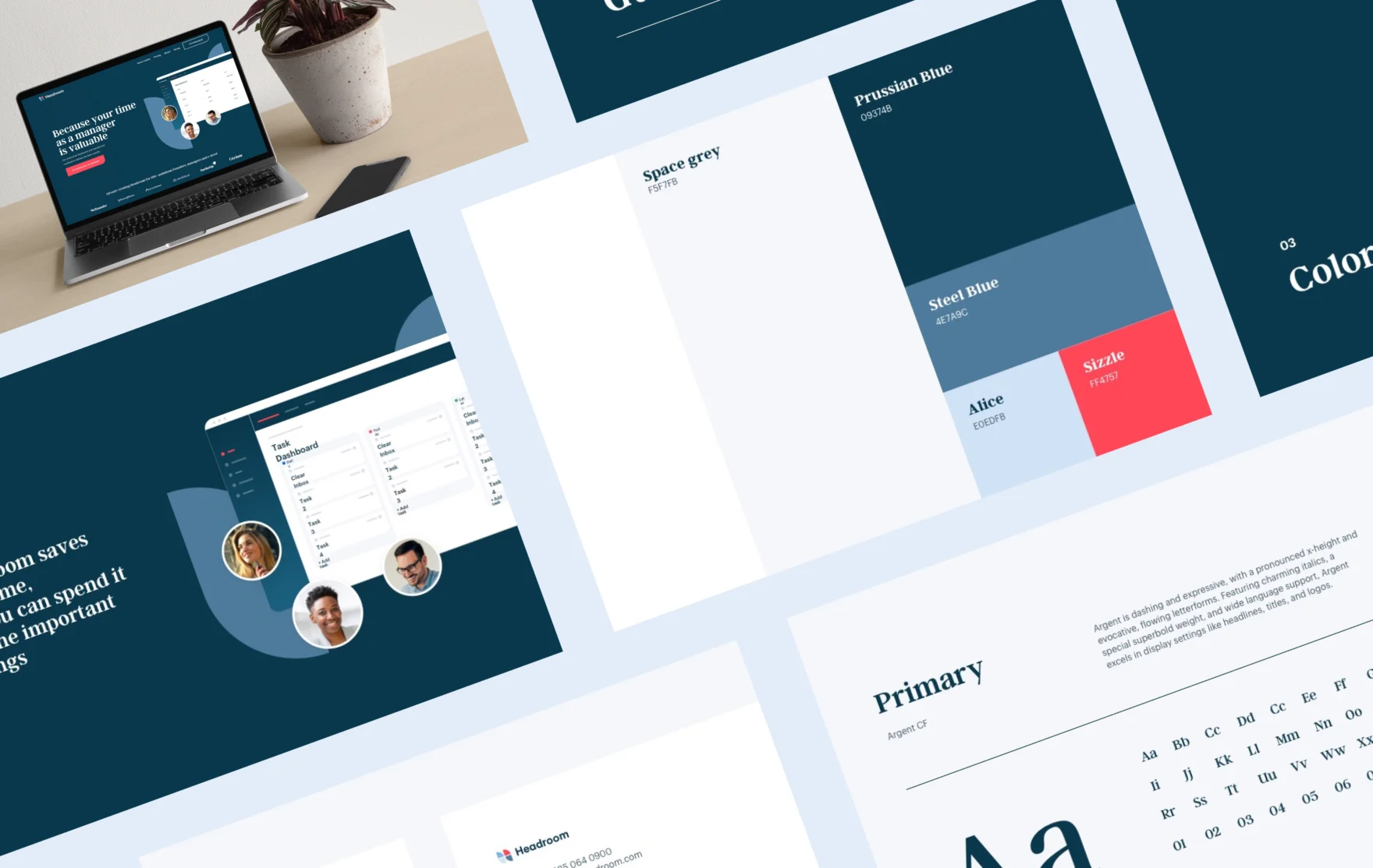 Headroom brand book compilation with color palette, typography and app screens