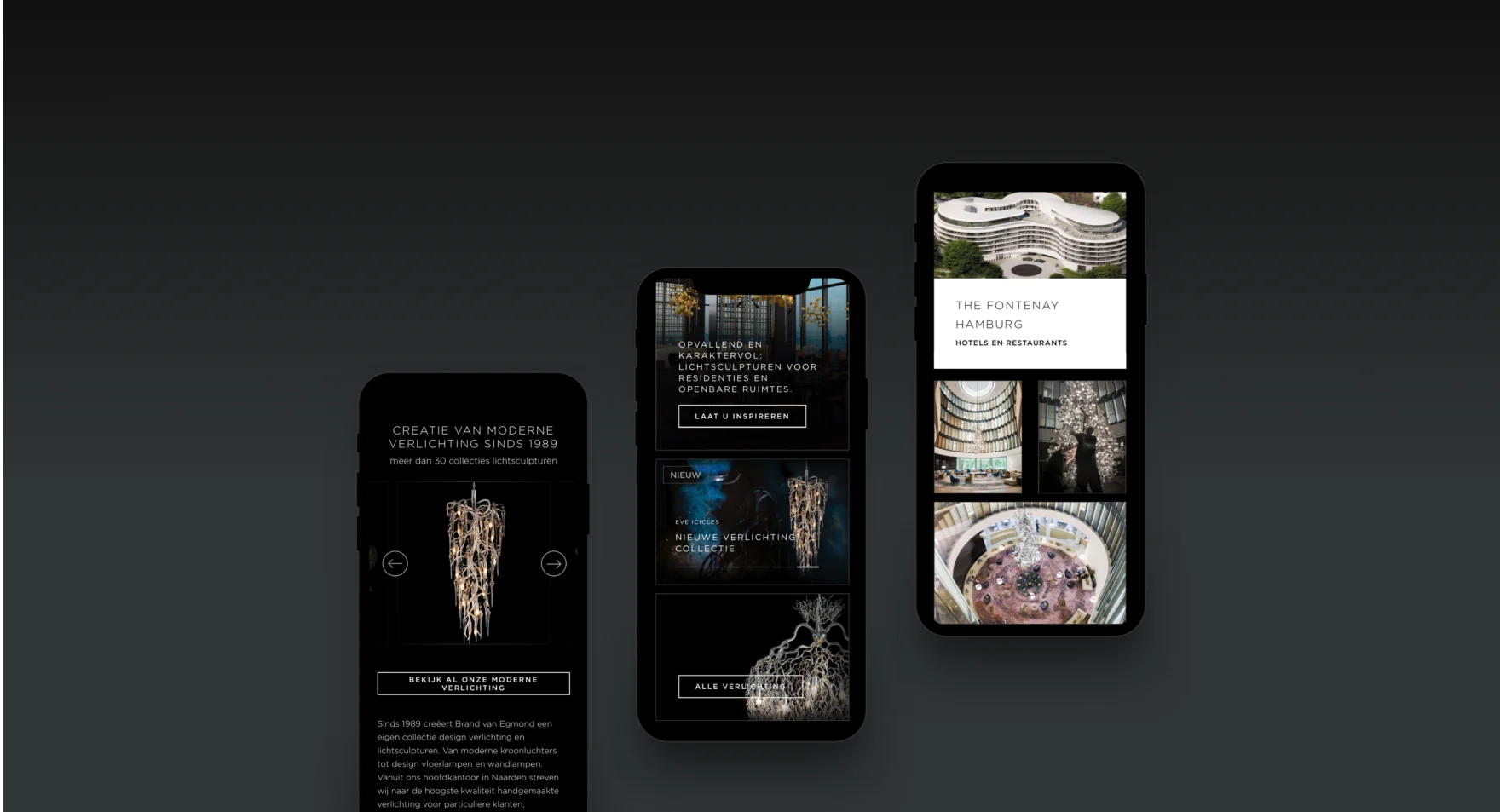 Brand van Egmond lighting website displayed across three mobile phone mockups