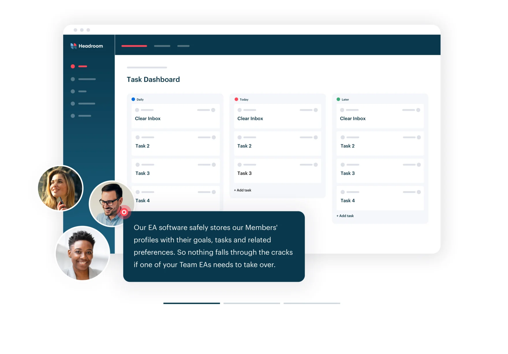 Headroom task dashboard interface with team profile photos and client testimonial
