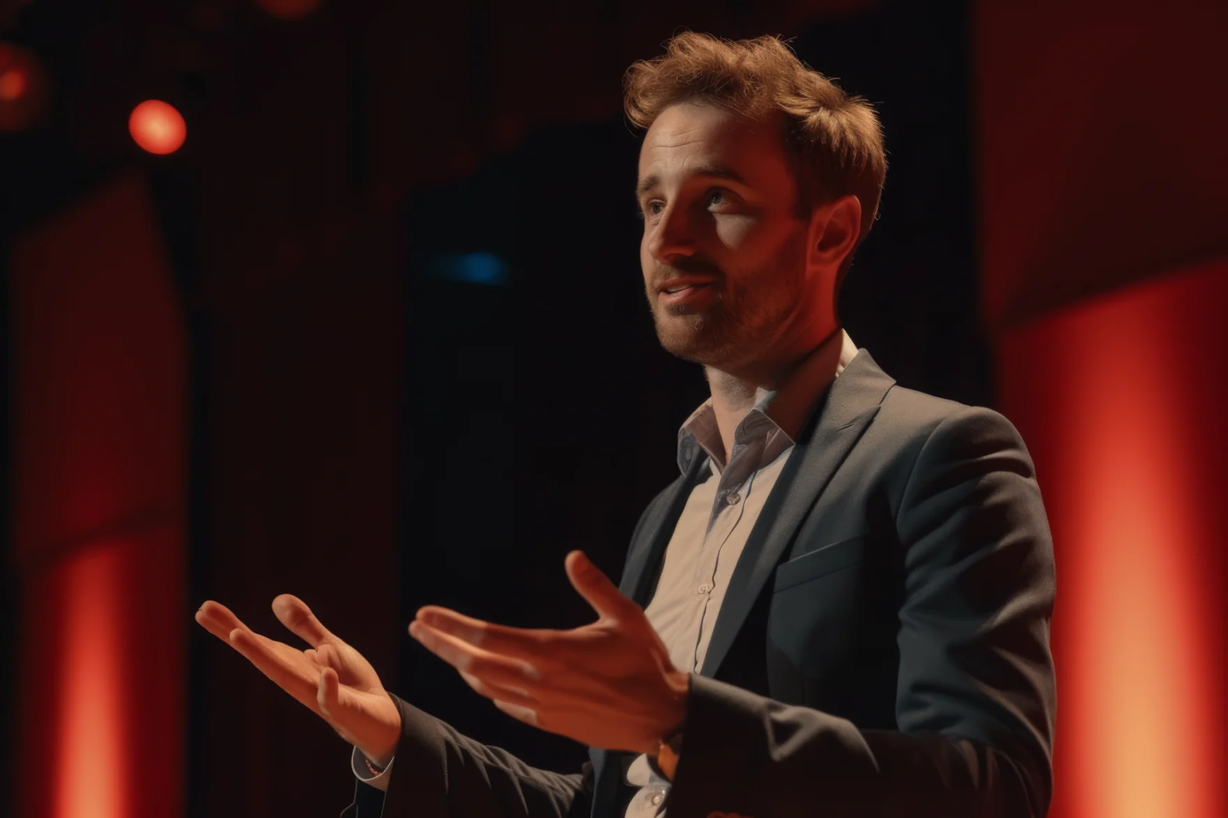 Speaker gesturing while giving a talk on stage under red lighting