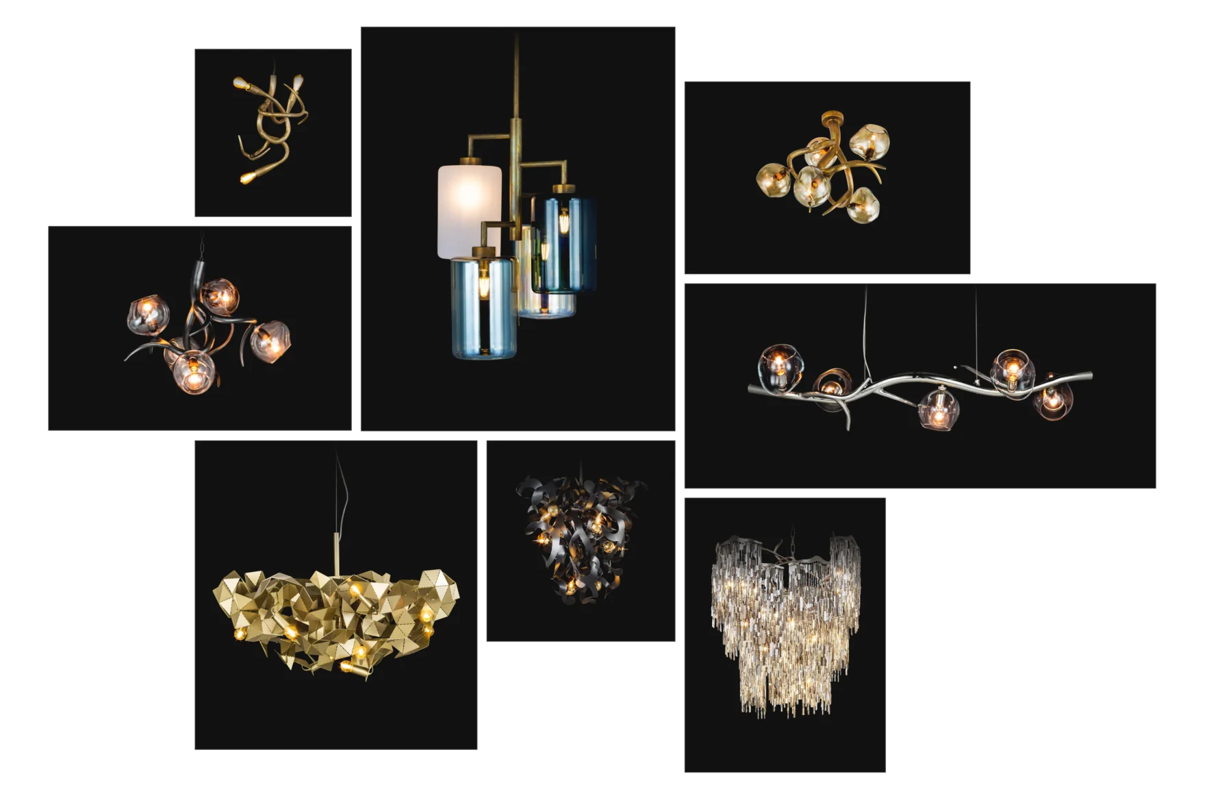 Collage of sculptural luxury chandelier designs by Brand van Egmond