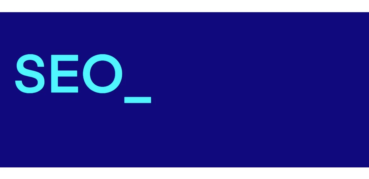 Bold cyan 'SEO' text graphic on a dark blue background