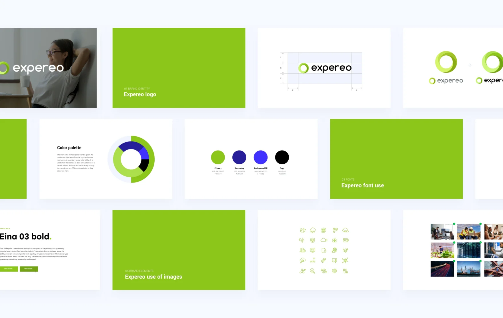Expereo brand guidelines slides showing logo, color palette, and typography