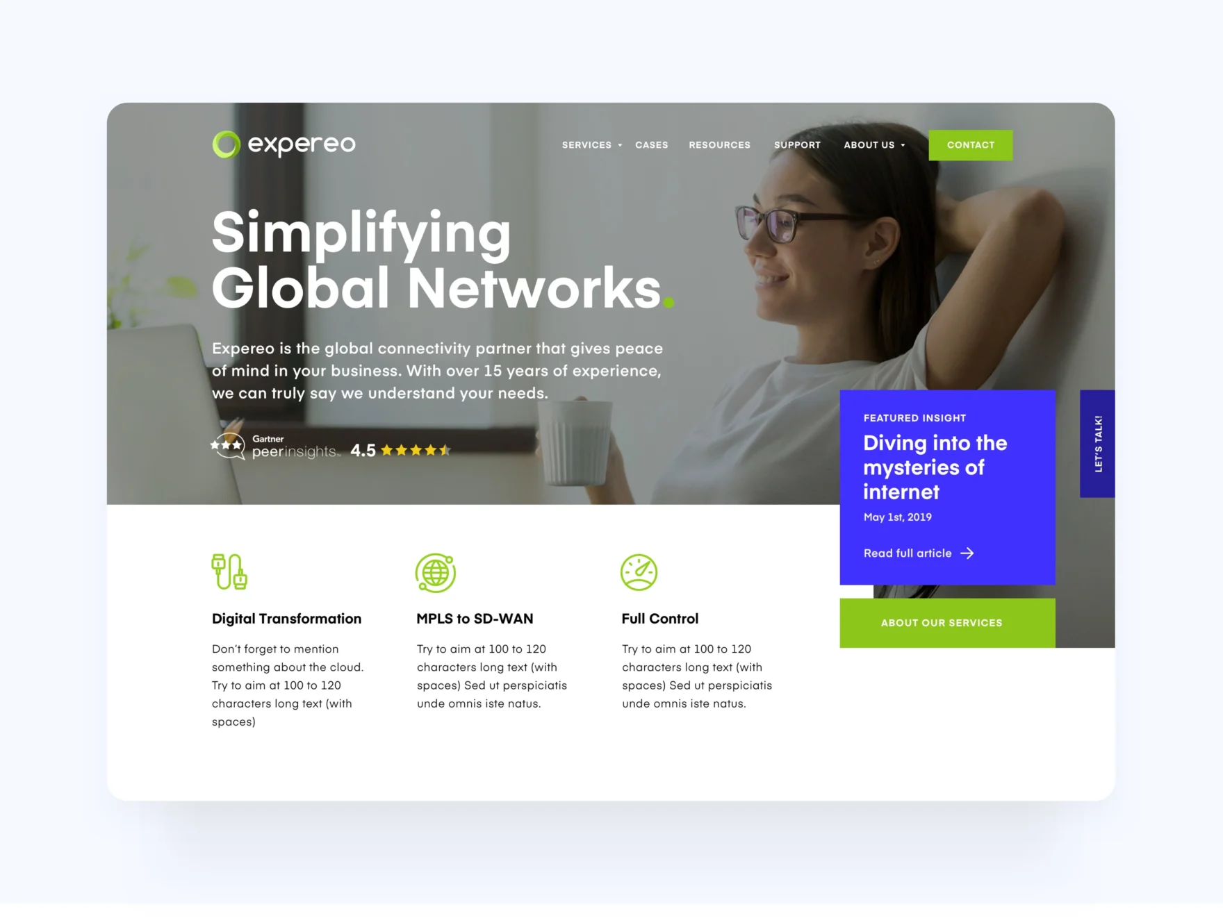 Homepage of the Expereo website designed by Mars, headlined 'Simplifying Global Networks'