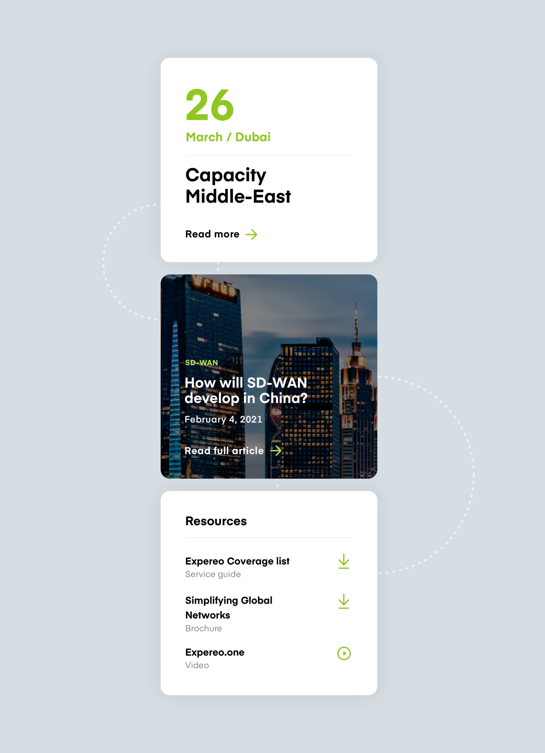 Mobile mockups of Expereo event, article, and resource cards