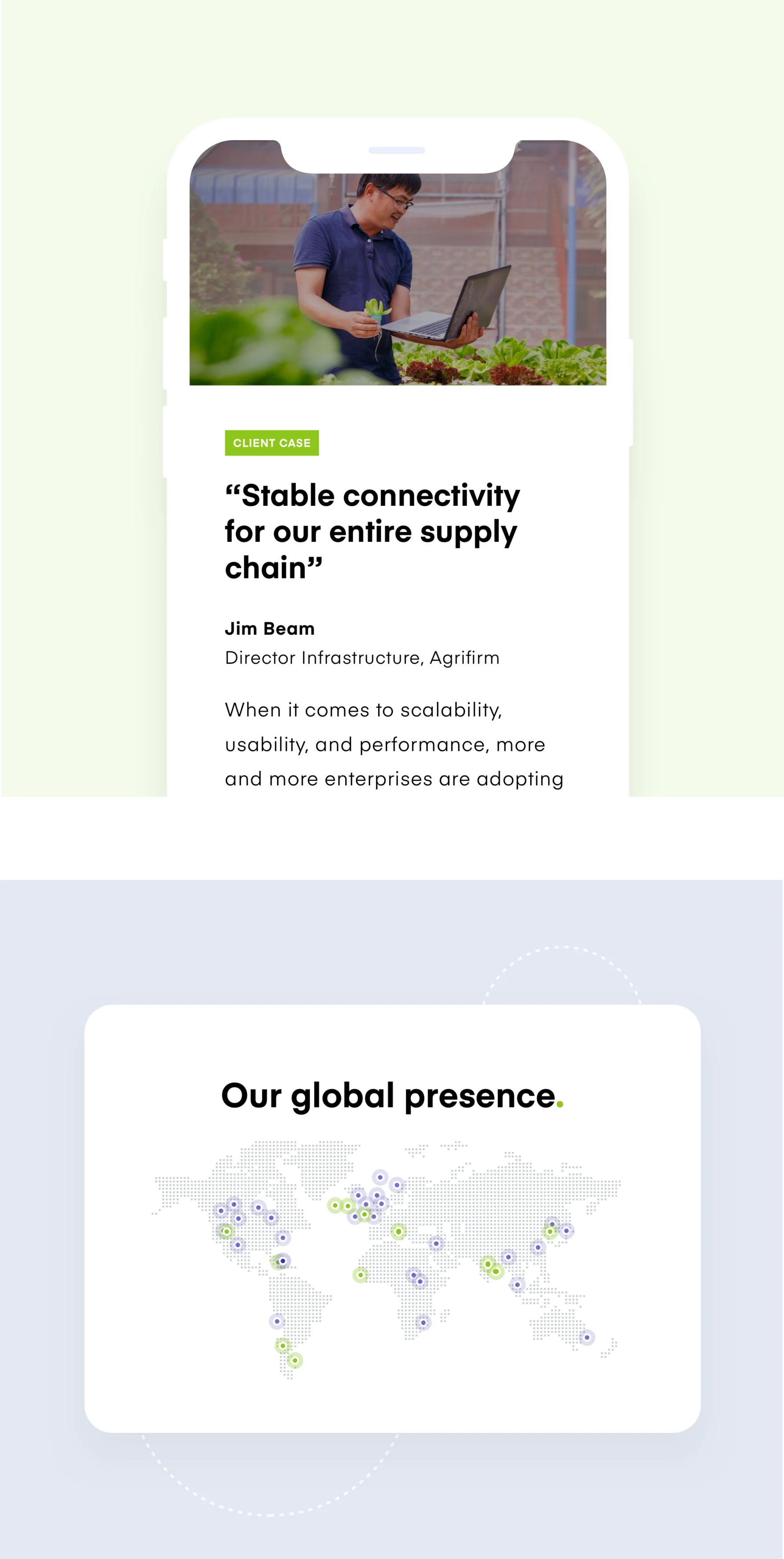 Expereo mobile mockups showing a client testimonial and global presence map