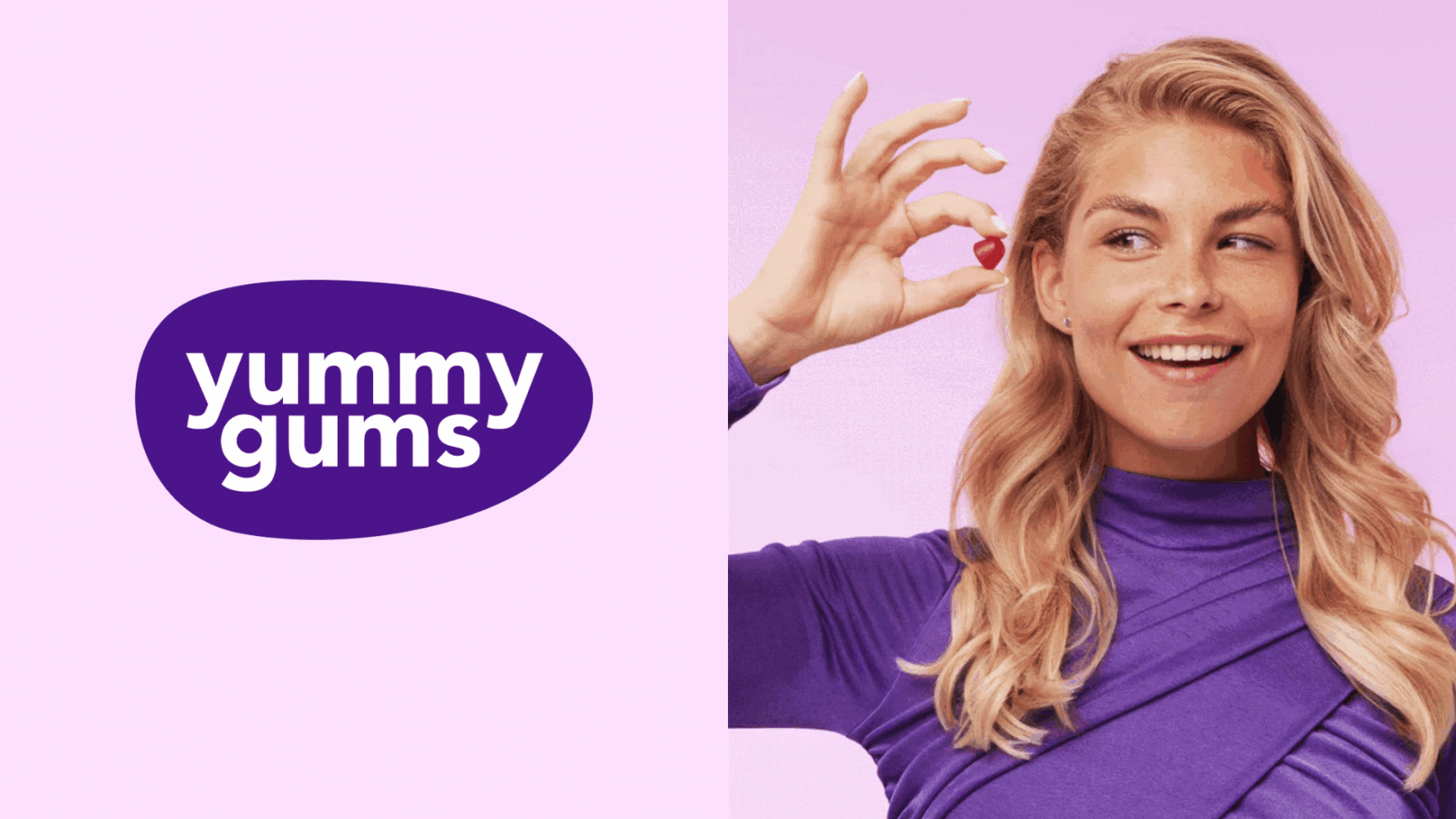 Het logo en de huisstijl van Yummygums, met een vrouw die een hartvormig gummietje vasthoudt
