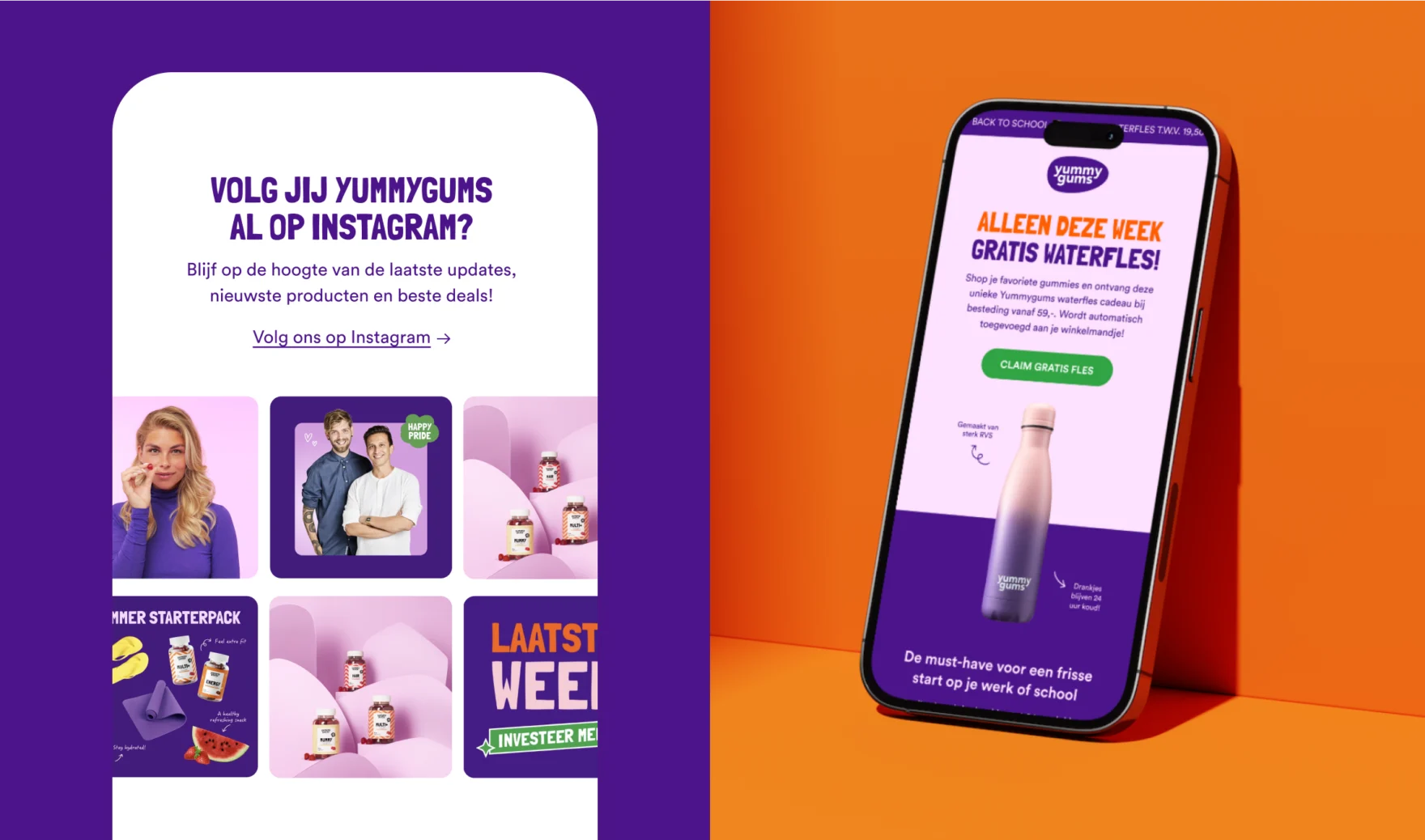 E-mailontwerpen van Yummygums ter promotie van een Instagram-pagina en een gratis waterfles als cadeau