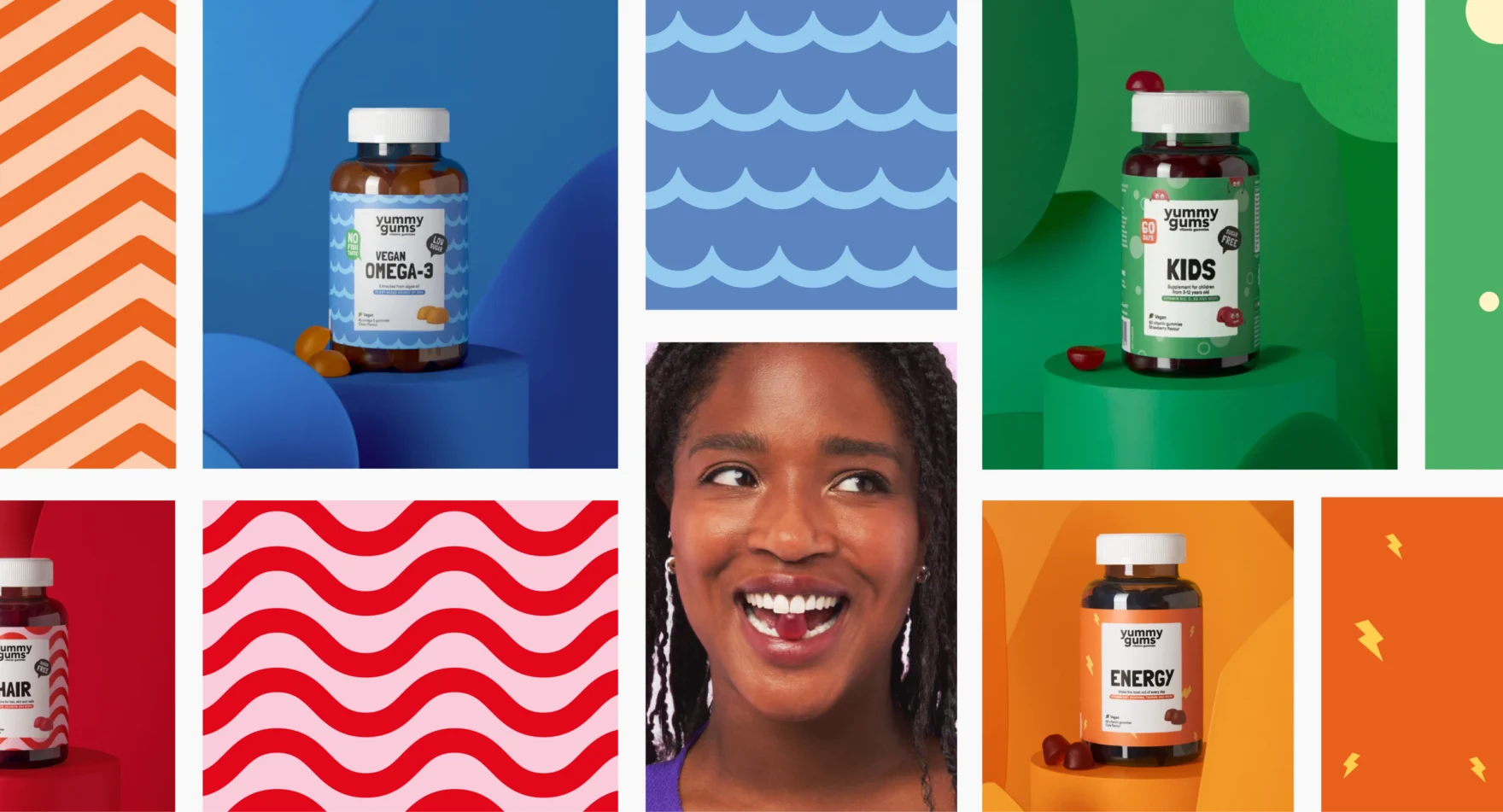 Raster met afbeeldingen van Yummygums-vitaminegummieflesjes, merkontwerpen en lifestylefoto’s