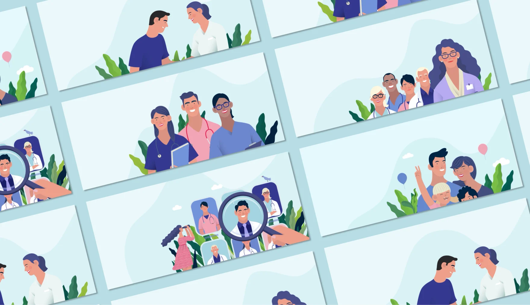 Overview grid of flat healthcare illustrations designed for Hikos