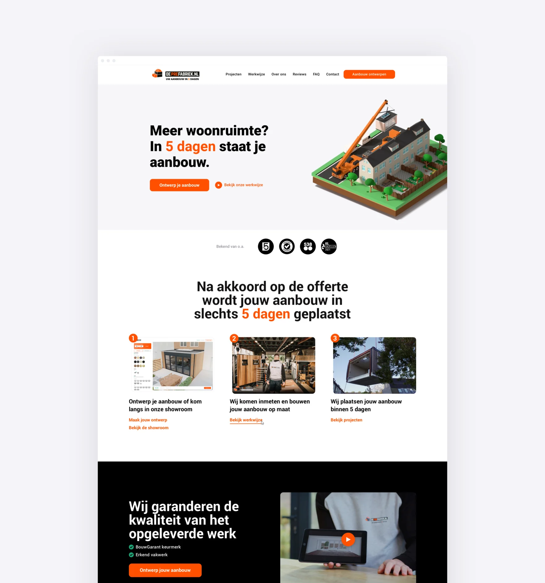 Homepage of the De Prefabriek website designed by Mars, featuring 5-day home extensions