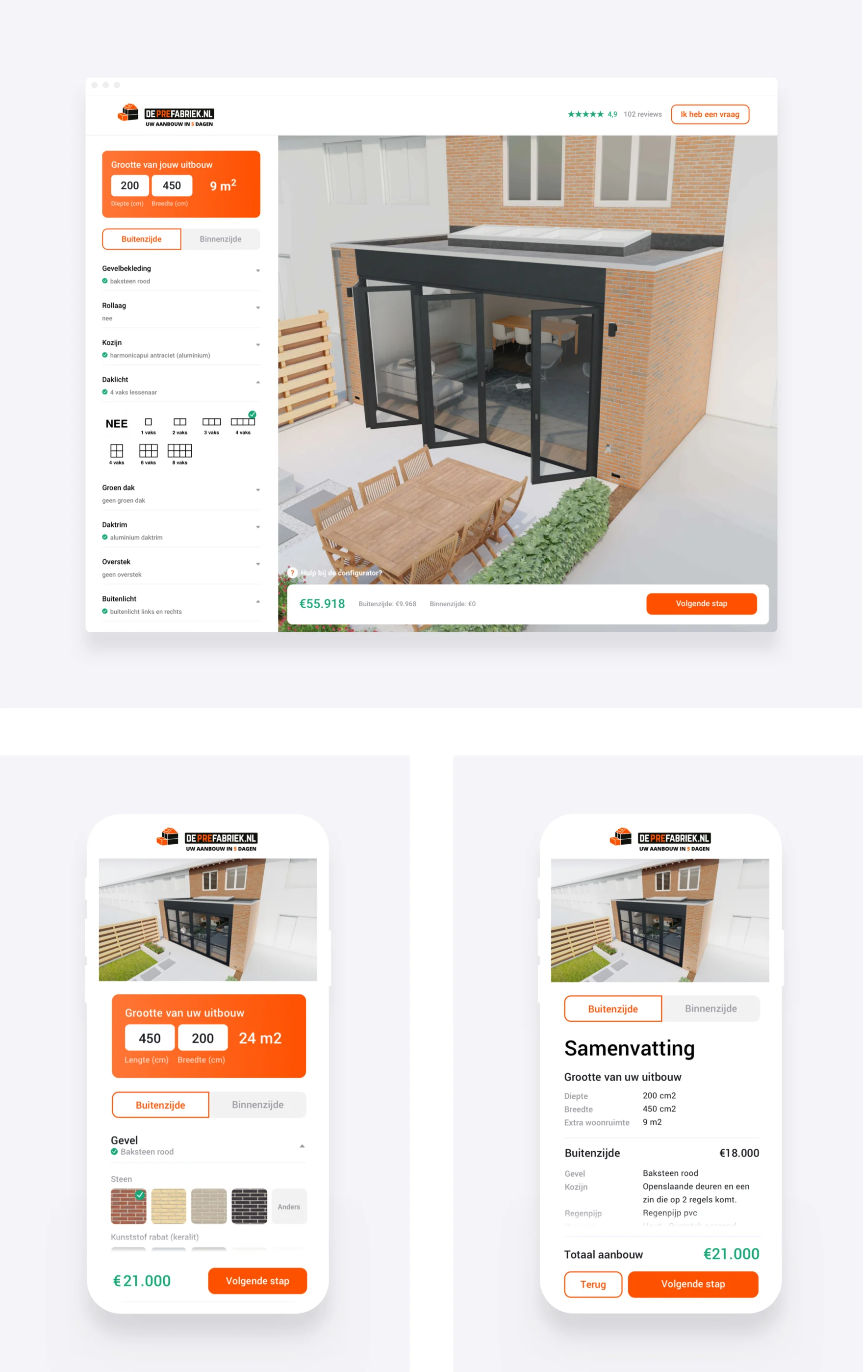 Desktop and mobile screens of the De Prefabriek configurator showing extension pricing