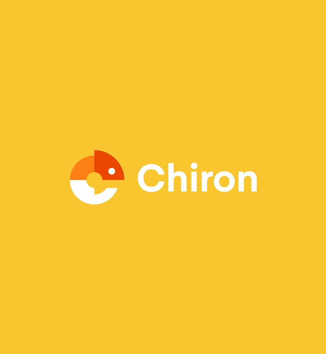 Chiron logo in white and orange on a saffron yellow background