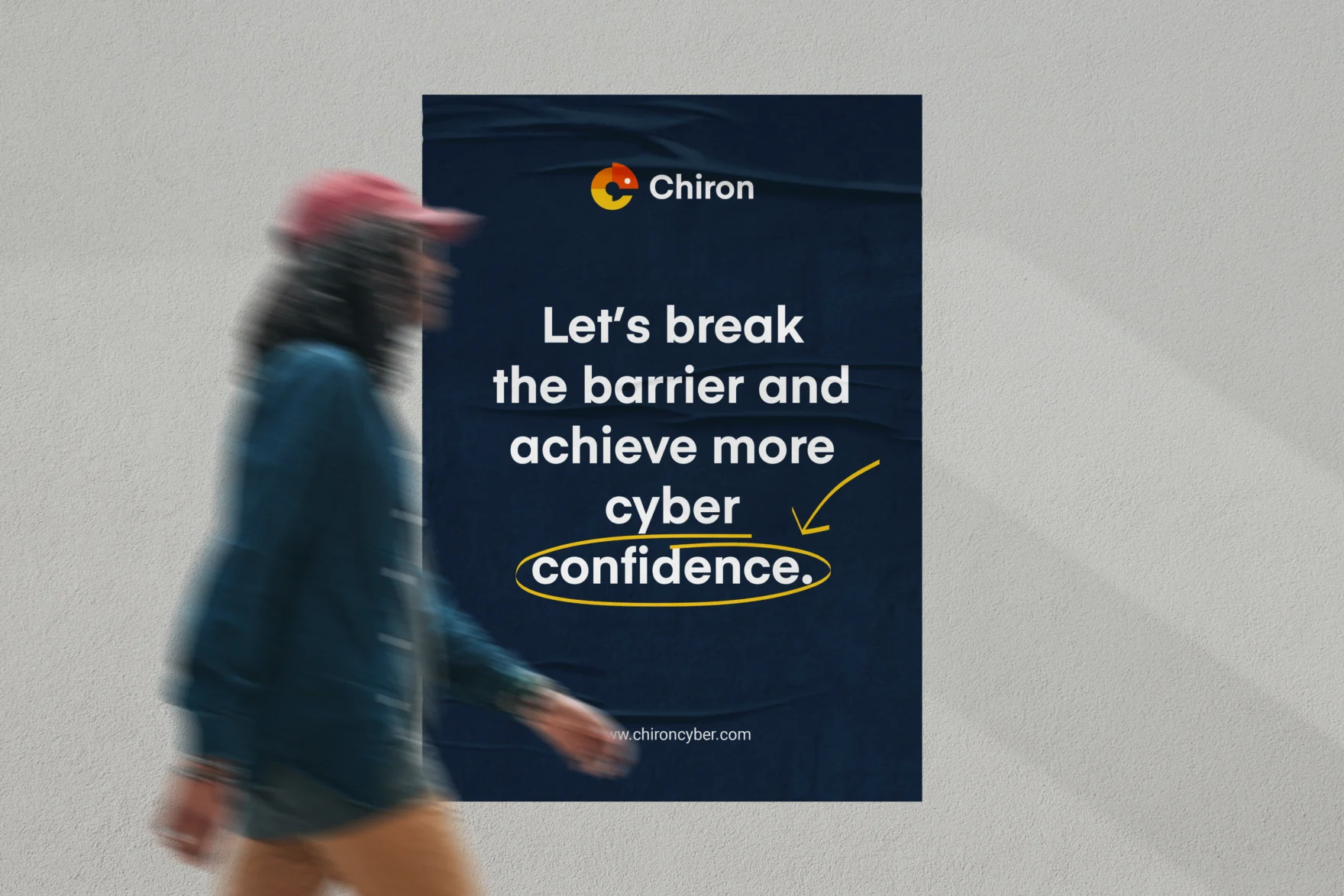 Chiron cybersecurity poster mockup on a street wall with a passerby
