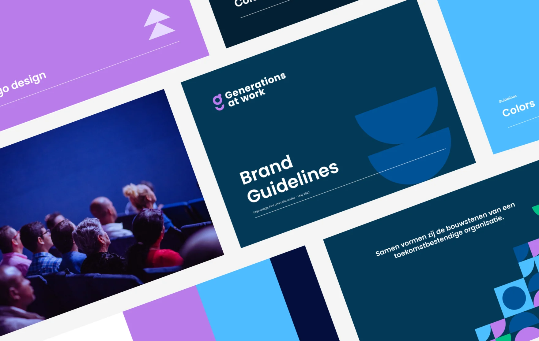 Tilted collage of Generations at Work brand guidelines and presentation mockups