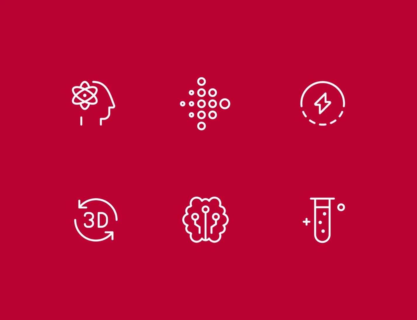 Set of six white line icons for science, AI and lab research on red background