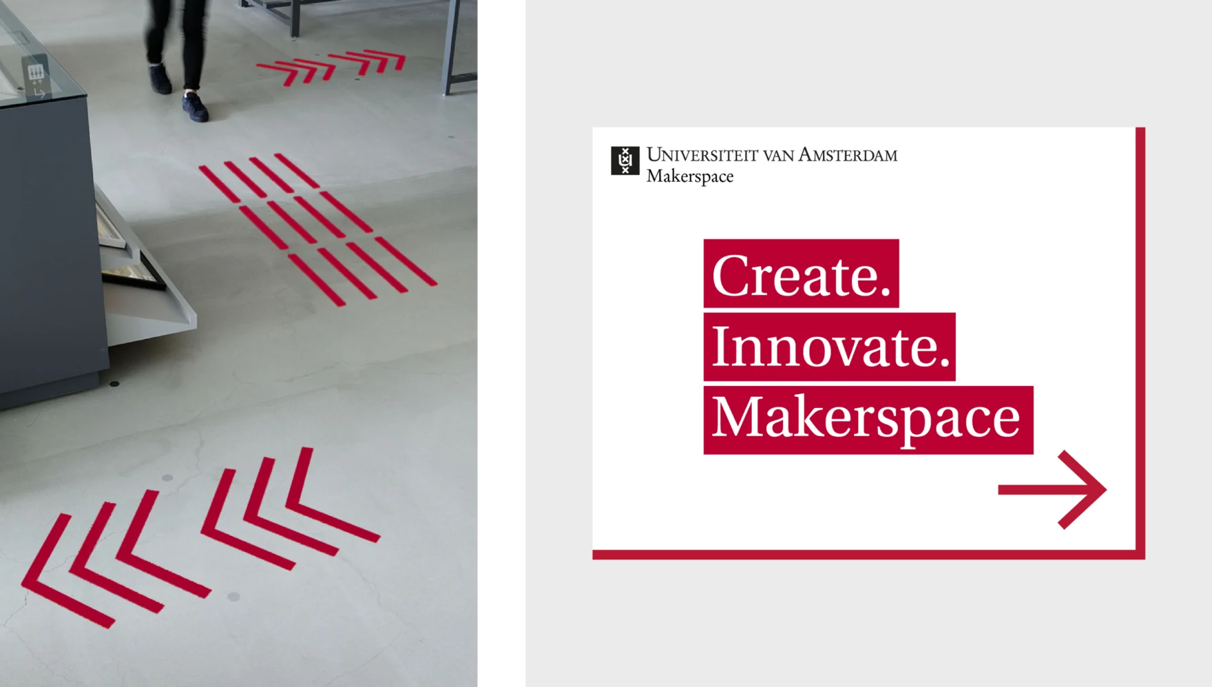 UvA Makerspace floor stickers and wayfinding sign with red arrows