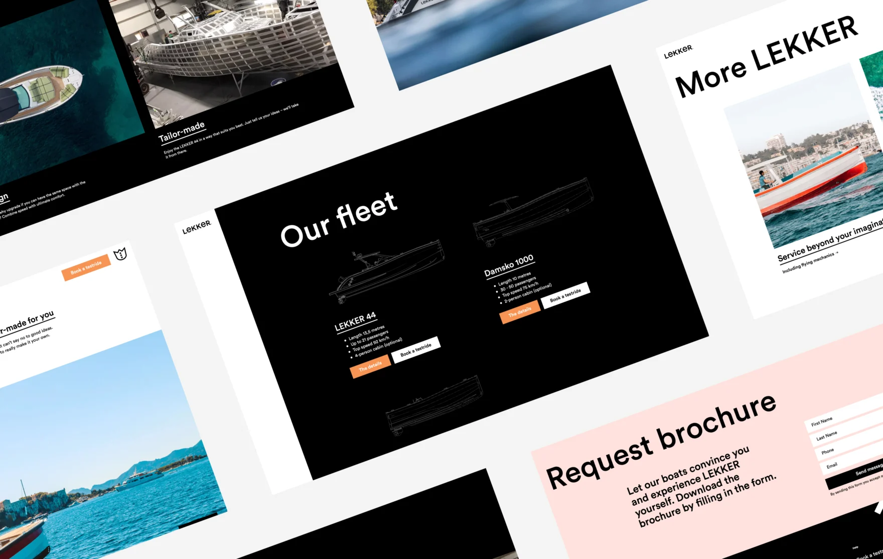 Overview of website designs for LEKKER boats, showing the fleet page and homepage
