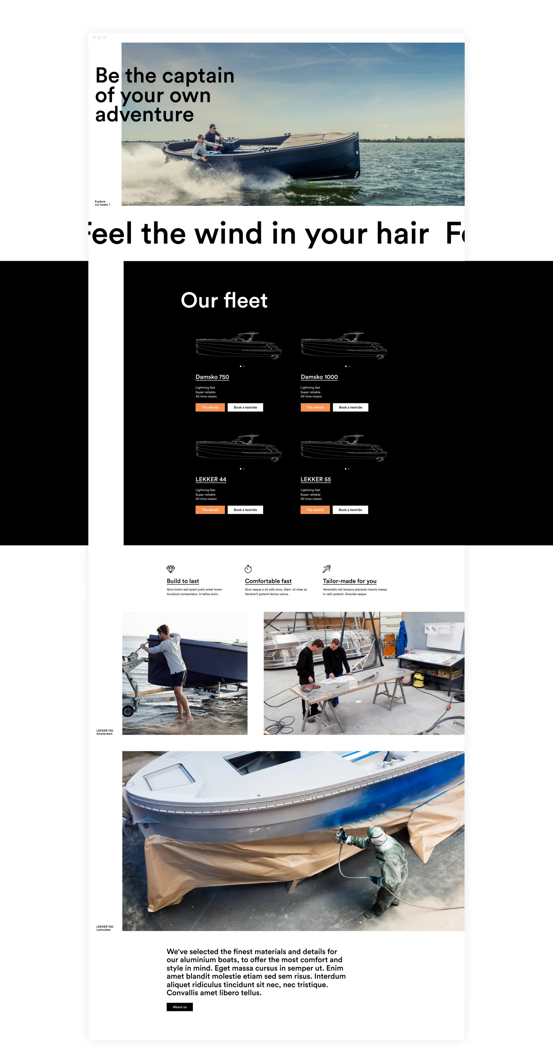 Homepage of the LEKKER boats website designed by Mars, showing hero image and fleet