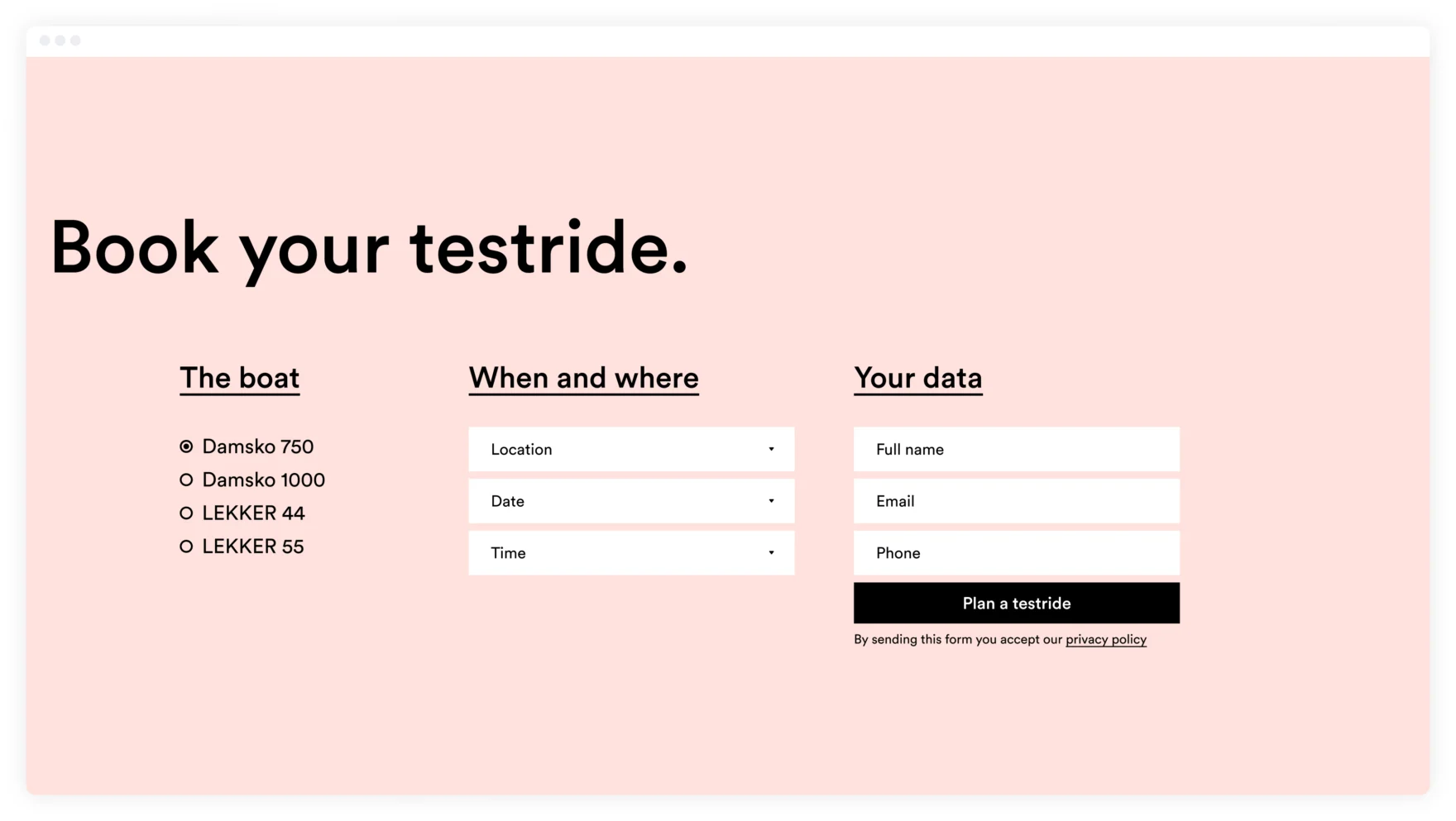 Book a testride form on the LEKKER boats website with boat and date selection