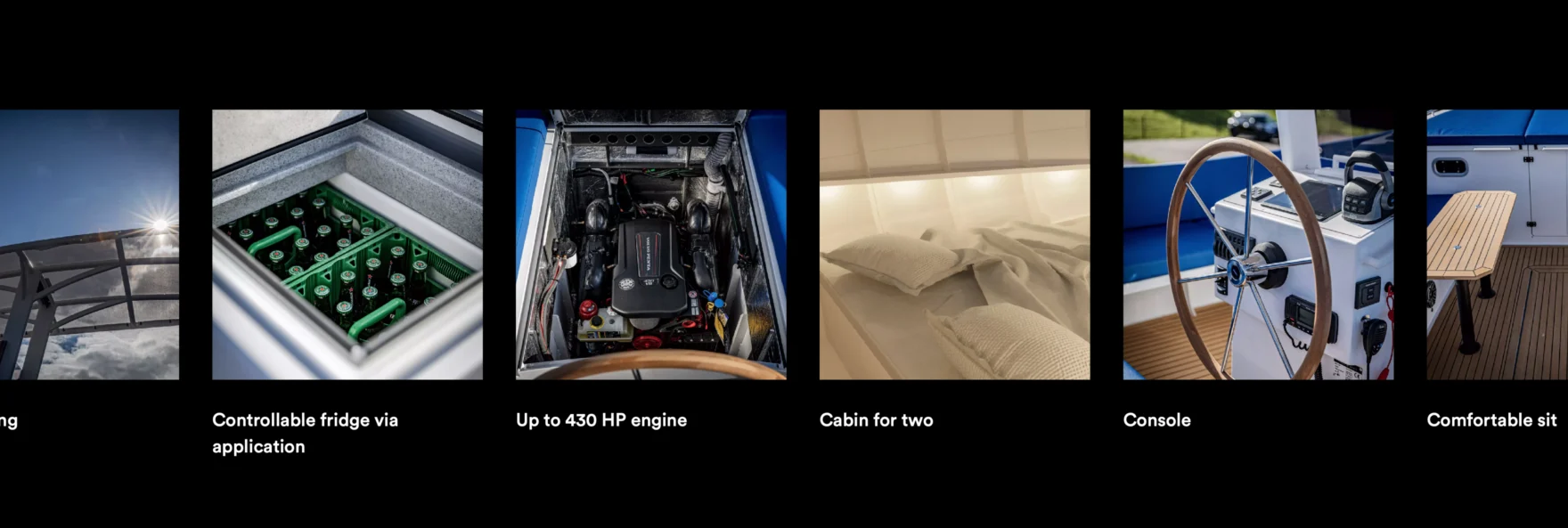 Website carousel highlighting LEKKER boat features: smart fridge, engine, and cabin
