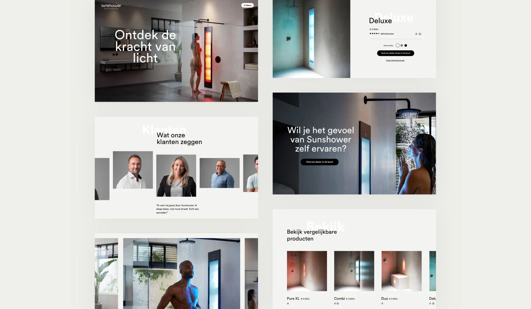 Overview of Sunshower website designs including homepage, product page, and testimonials