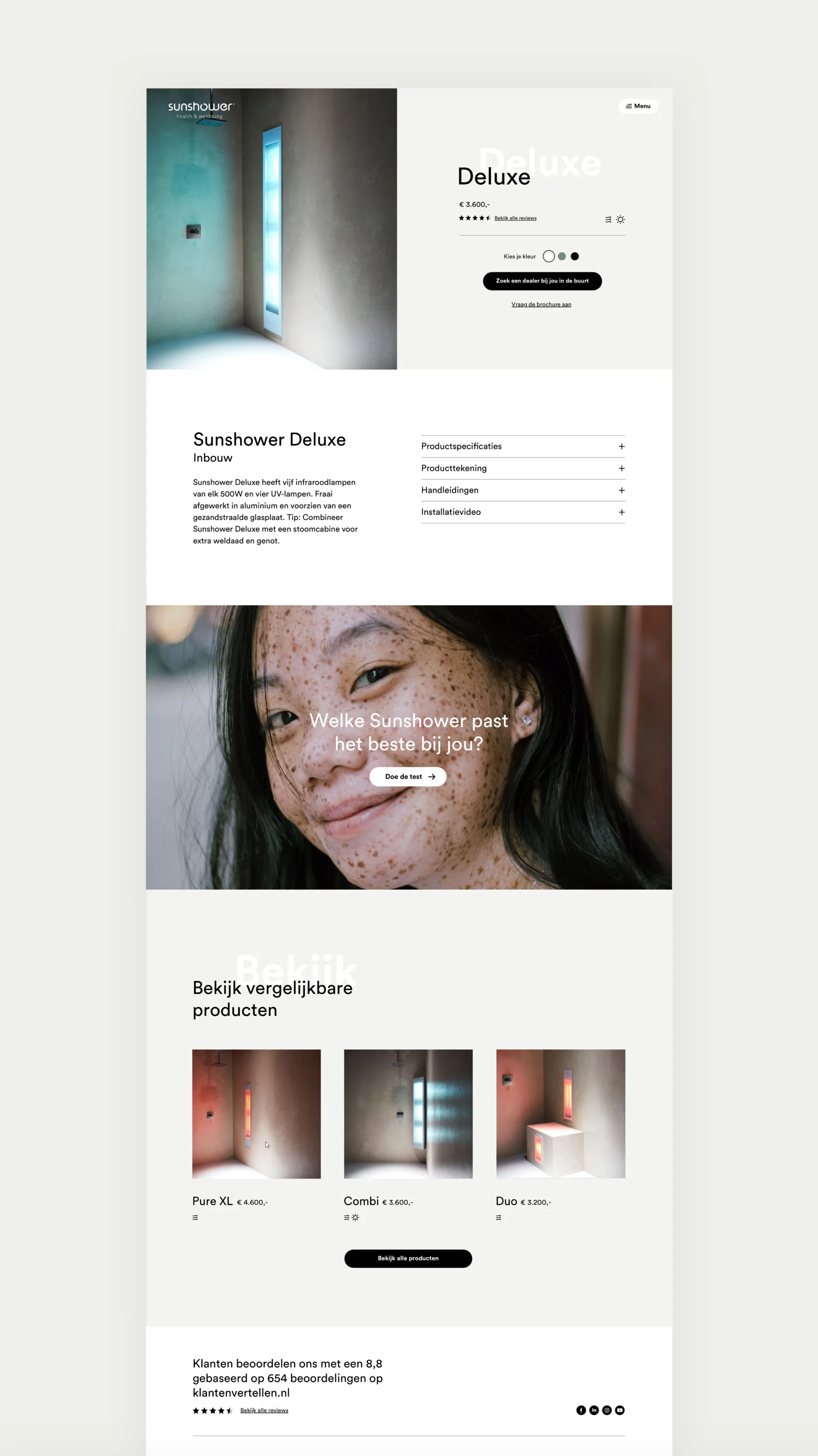Sunshower Deluxe product page design showing specifications and a close-up portrait