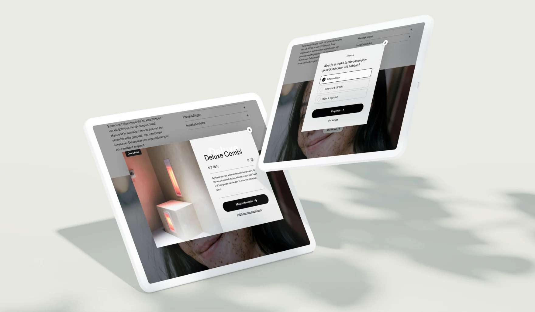 Sunshower website on tablets showing the Deluxe Combi advice card and lighting quiz
