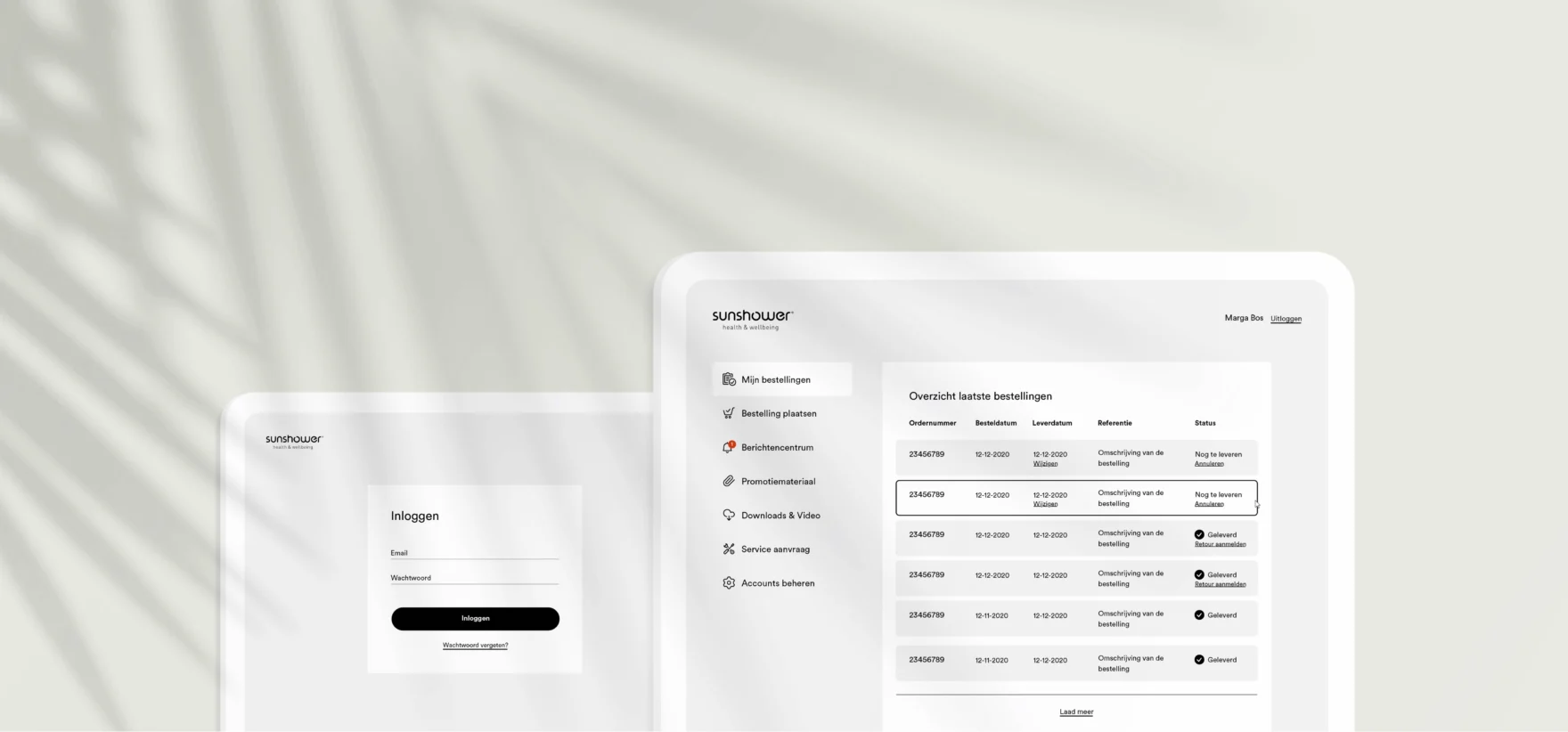 Sunshower customer portal login screen and order overview shown on tablets
