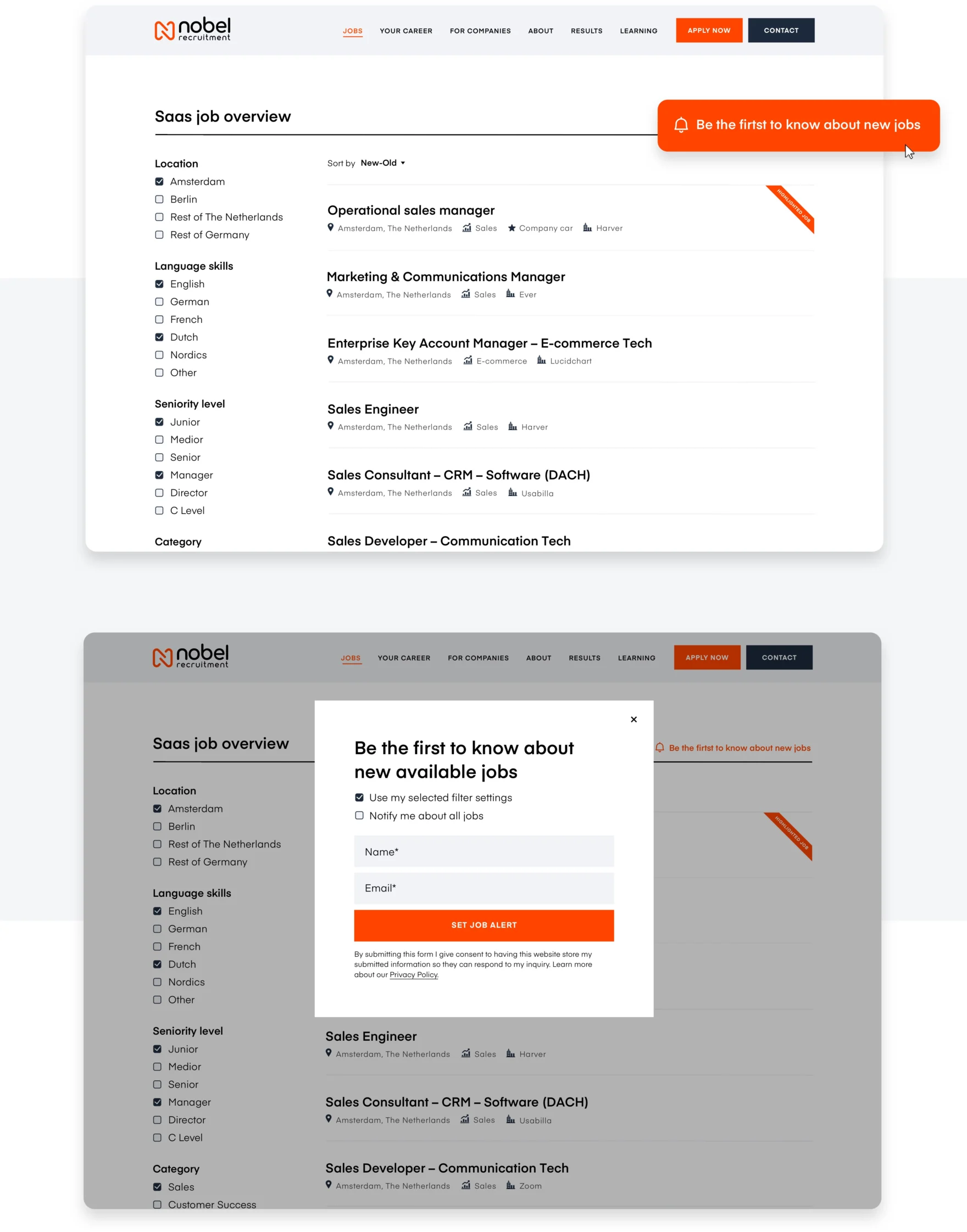 Nobel Recruitment job search page with filters and a job alert popup