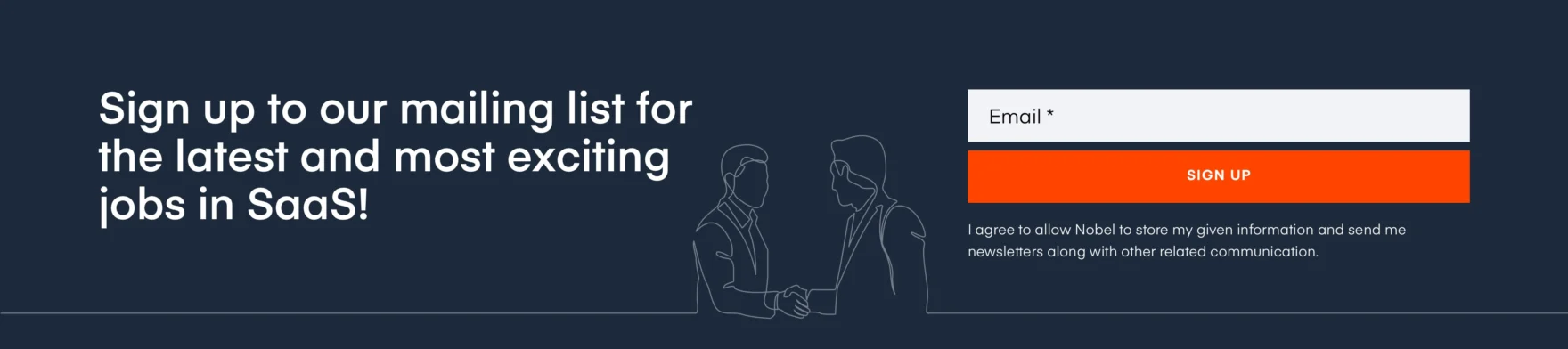 Newsletter sign-up banner on the Nobel Recruitment website with a handshake illustration