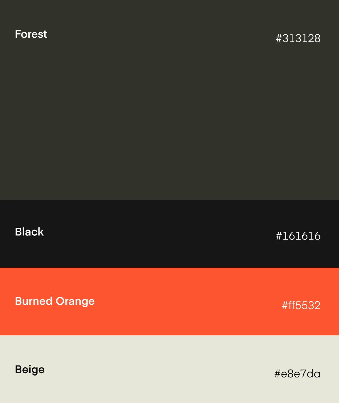Stampa brand color palette with forest green, black, burned orange, and beige swatches