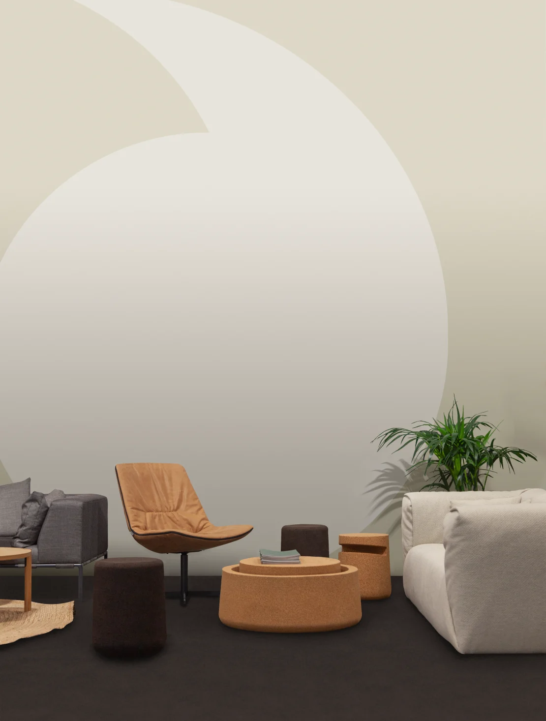 Stampa office lounge with cork furniture and armchairs against a branded wall graphic