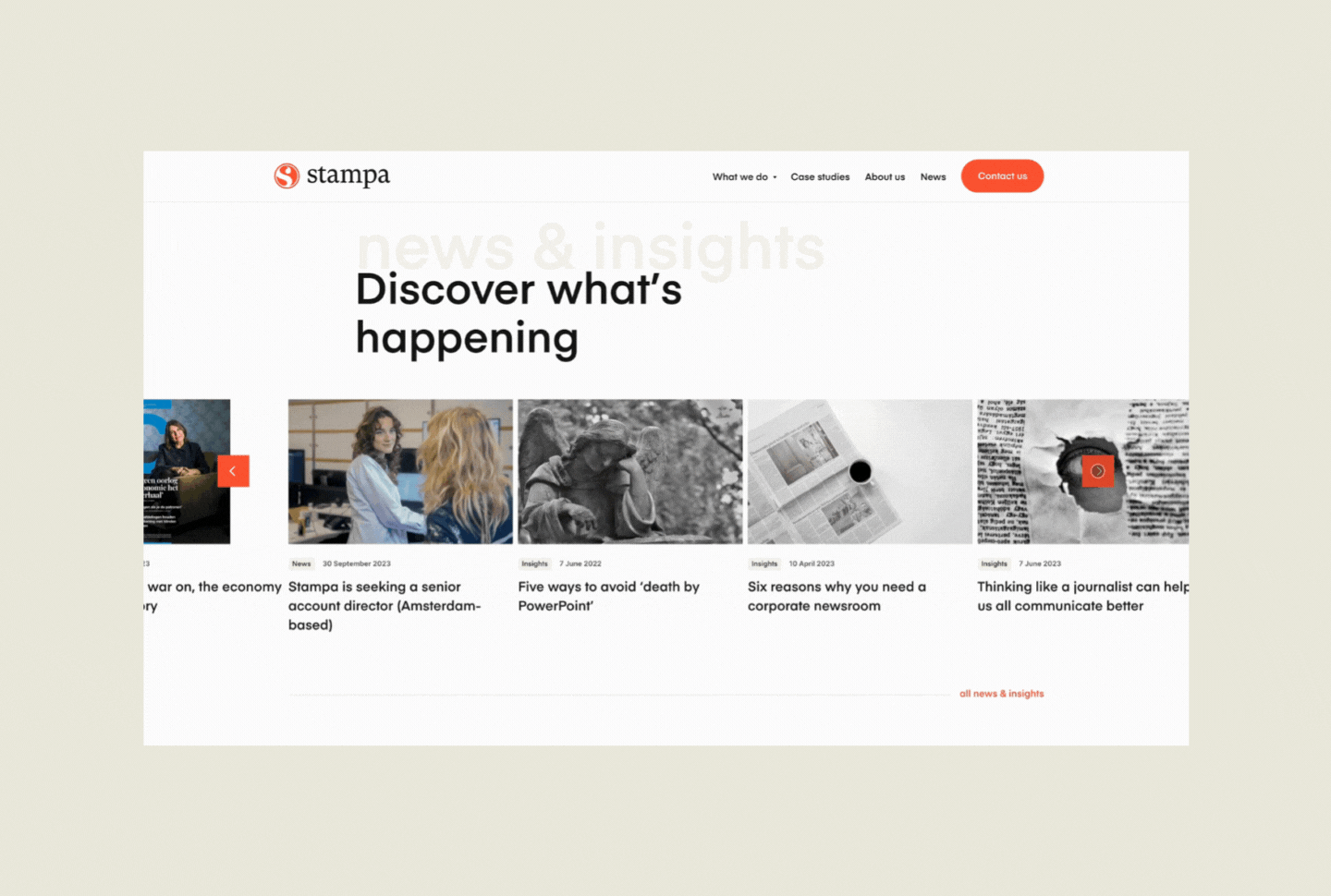 News and insights section of the Stampa website with article thumbnails