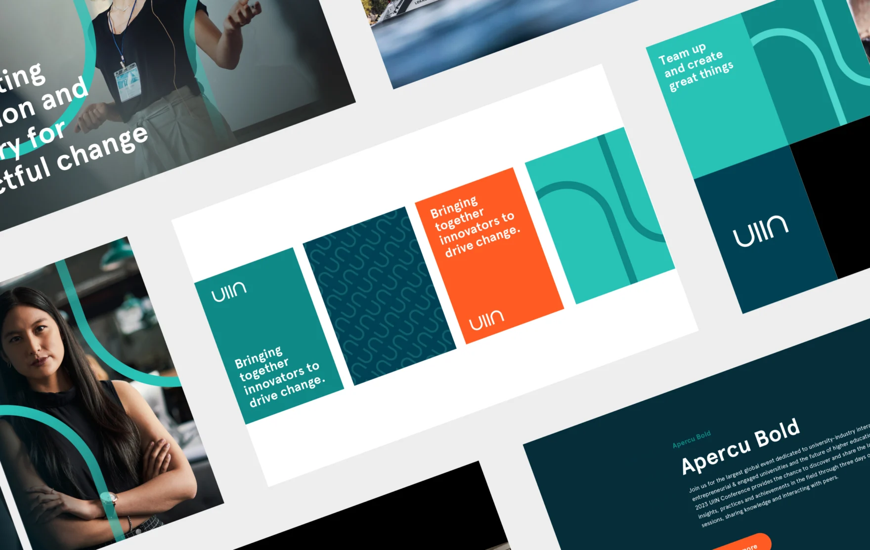 UIIN brand identity design collage with logo, colour blocks and tagline