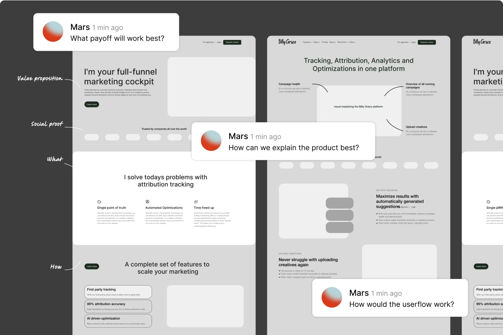 Billy Grace website wireframes annotated with UX design feedback from the Mars team