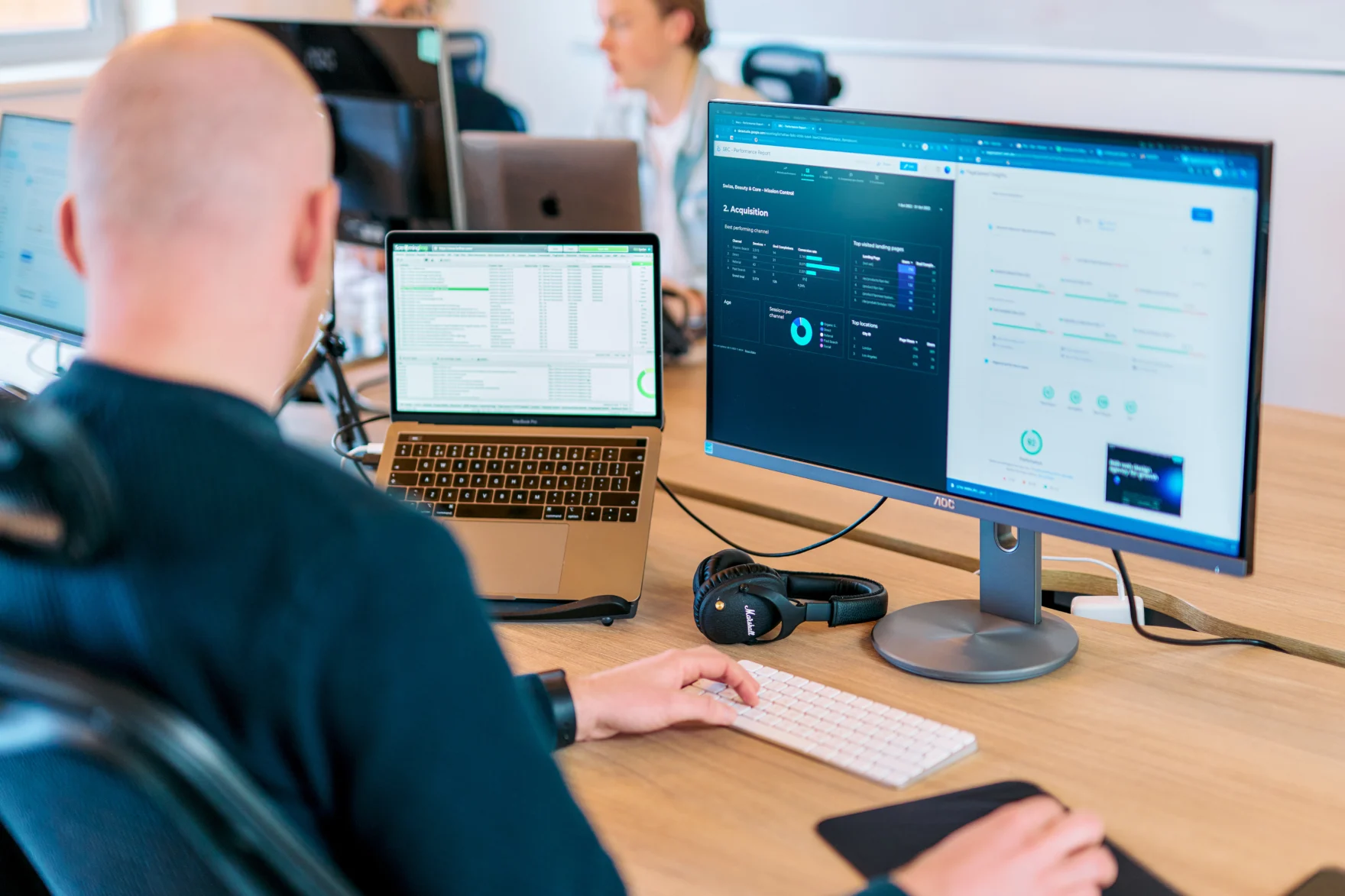 Analyst reviewing a website performance dashboard with SEO and traffic data