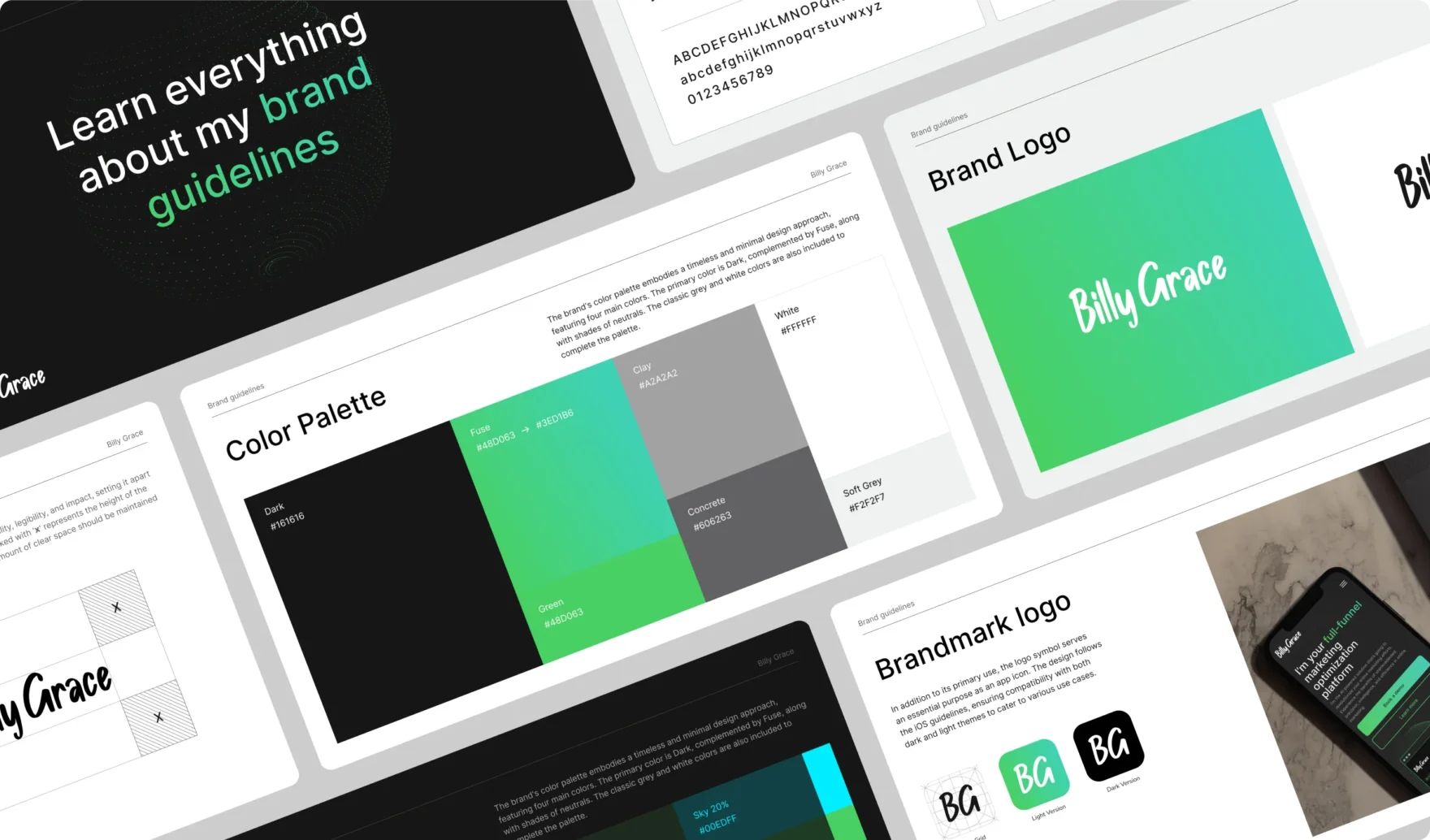 Billy Grace brand guidelines showing logo, color palette, and typography mockups