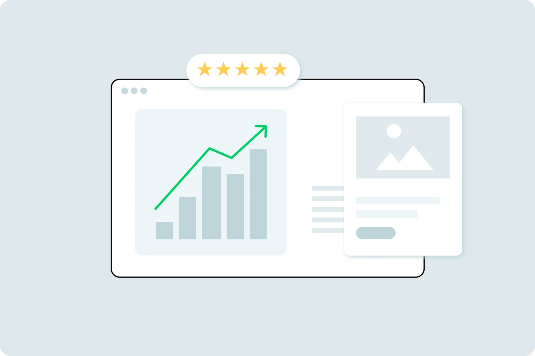 Illustration of a website dashboard with a rising performance chart and five-star rating