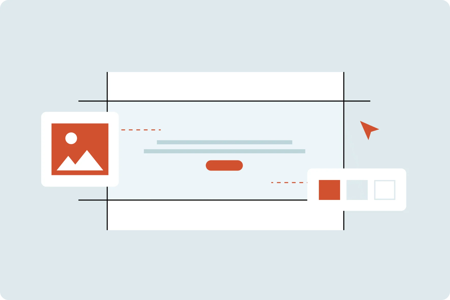 Illustration of a website wireframe with layout guides, an image placeholder, and color swatches