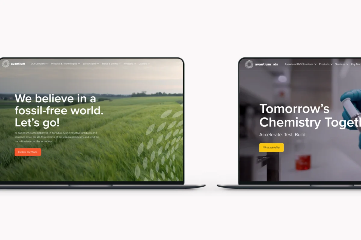 De websites van Avantium en Avantium RDS naast elkaar weergegeven op laptops