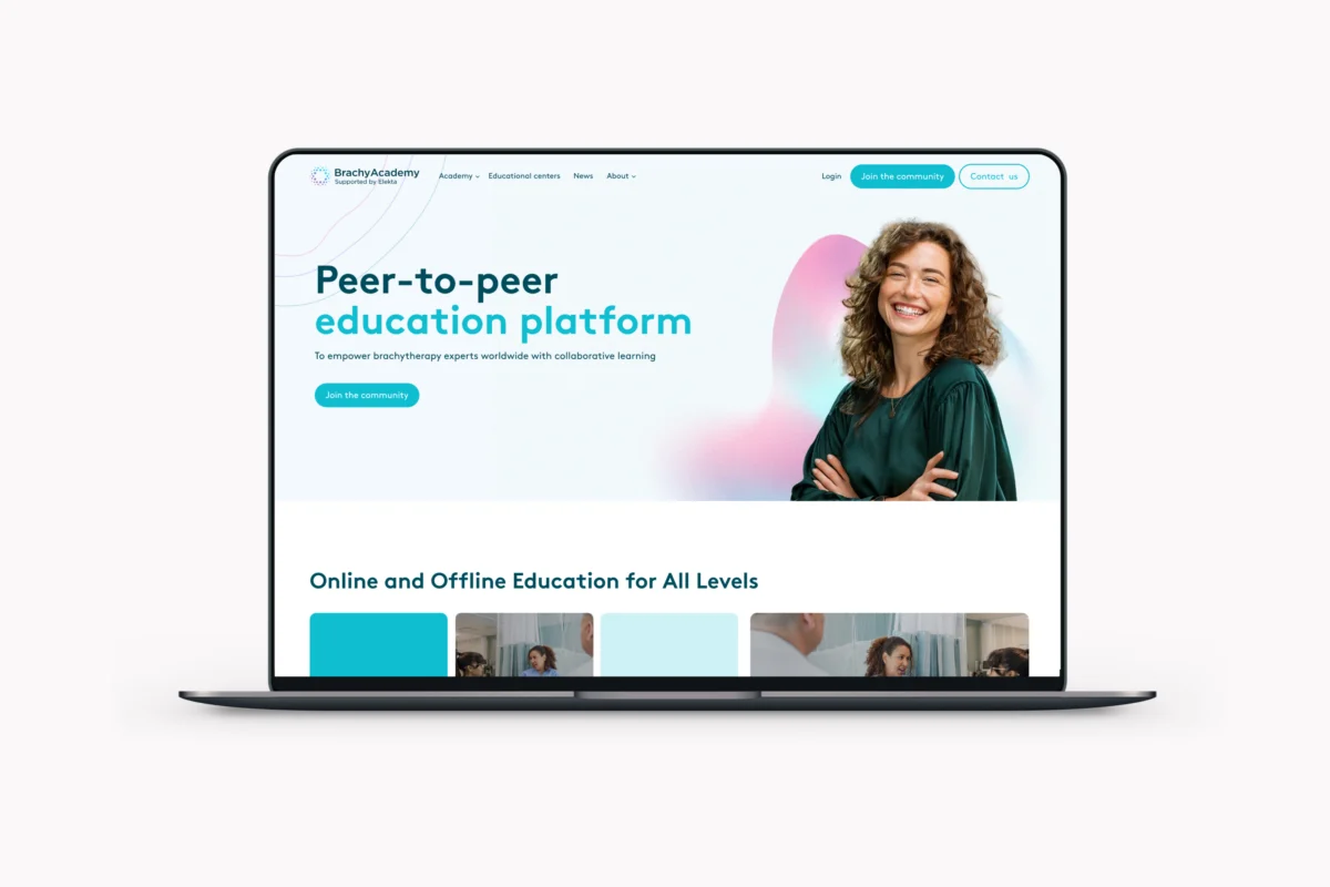 Laptop waarop de startpagina van BrachyAcademy te zien is, met de kop „peer-to-peer-onderwijsplatform“