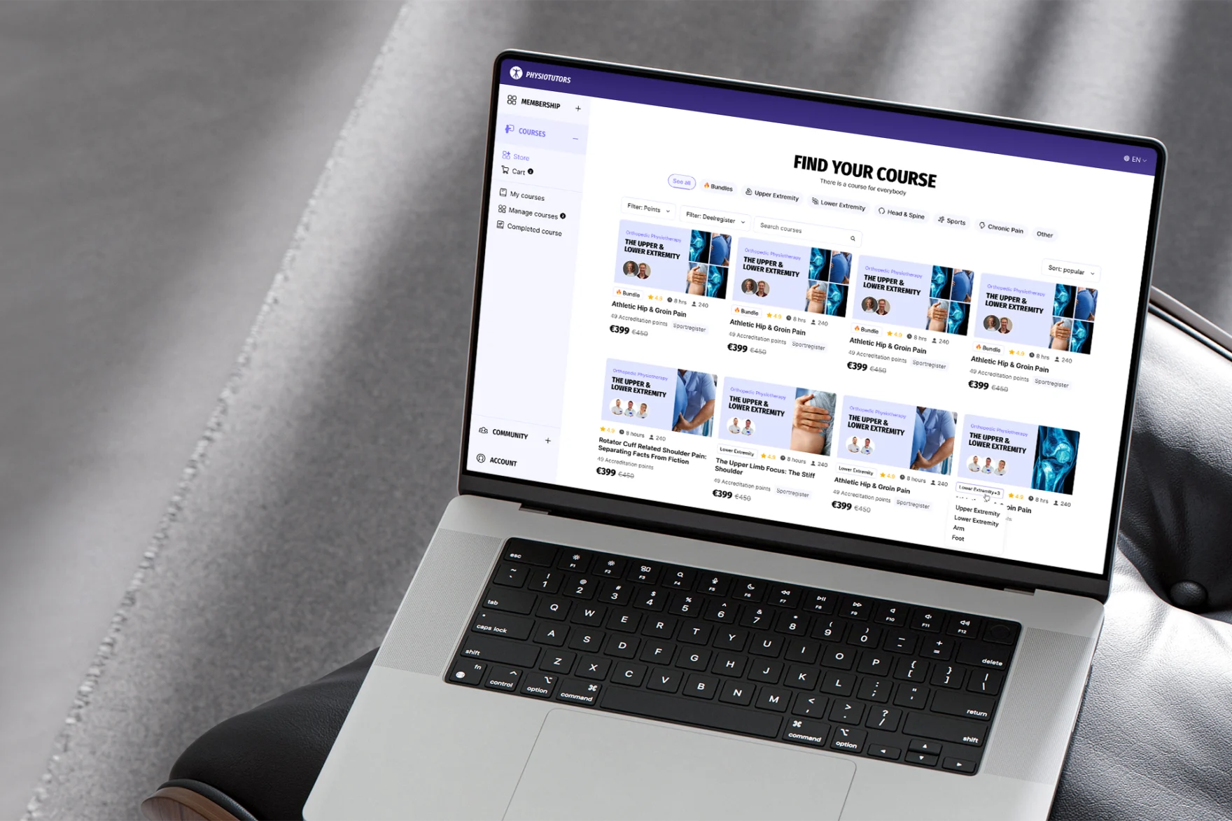 Physiotutors online course catalog shown on a laptop screen, designed by Mars