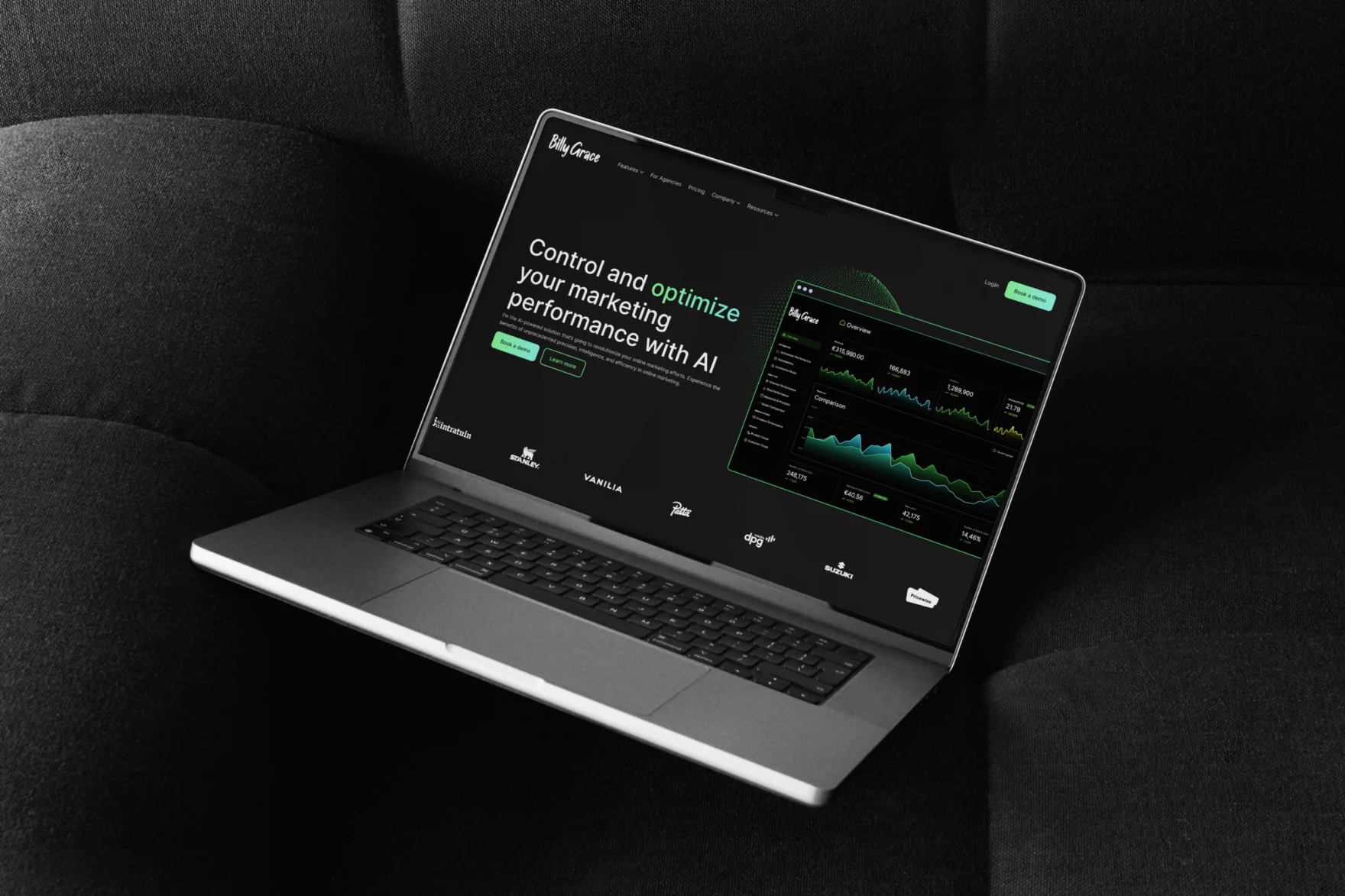 Laptop screen displaying the Billy Grace AI marketing dashboard homepage