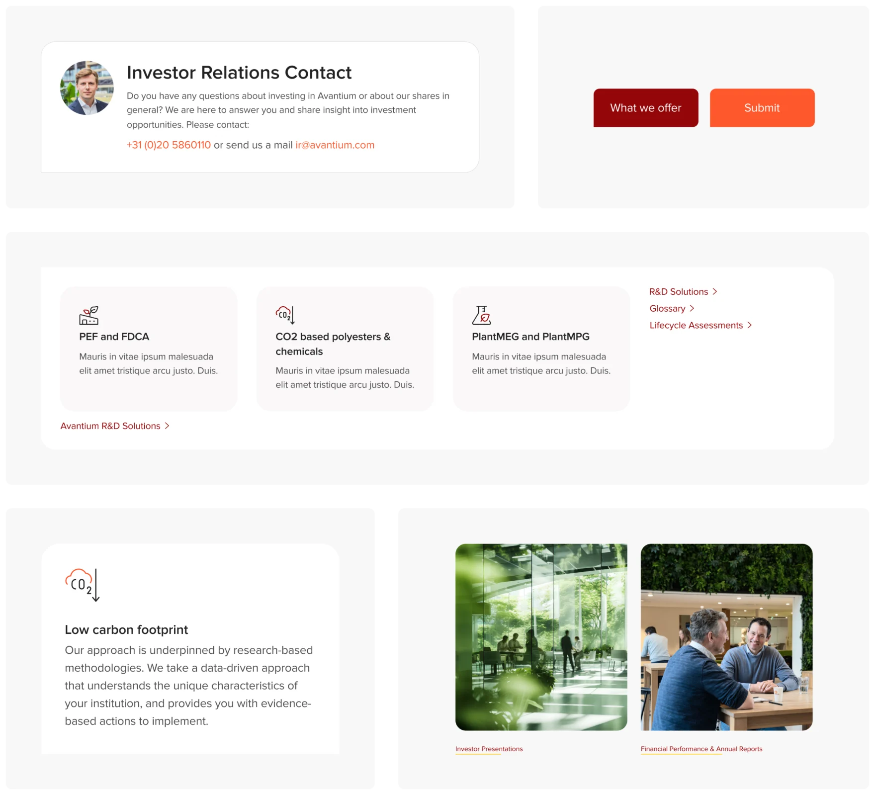 Grid of Avantium website design elements including investor relations and product cards