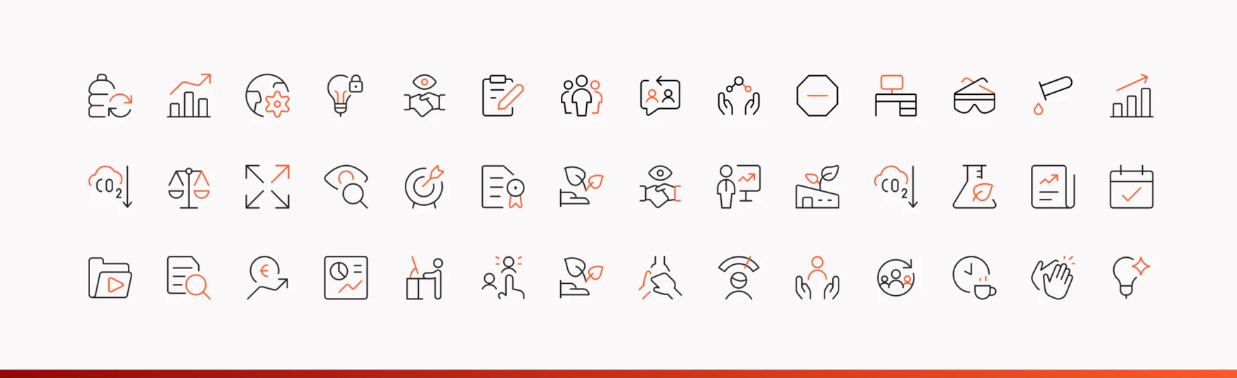 Custom orange and black line icon set designed for the Avantium biotech brand