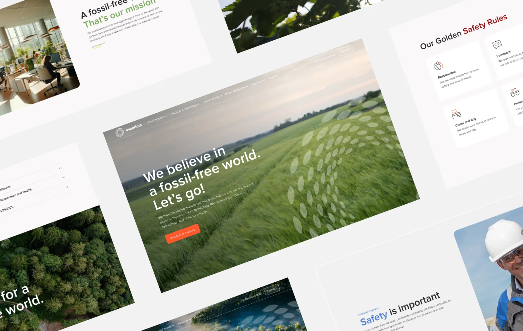 Collage of Avantium website pages showing the homepage, safety rules, and sustainability sections
